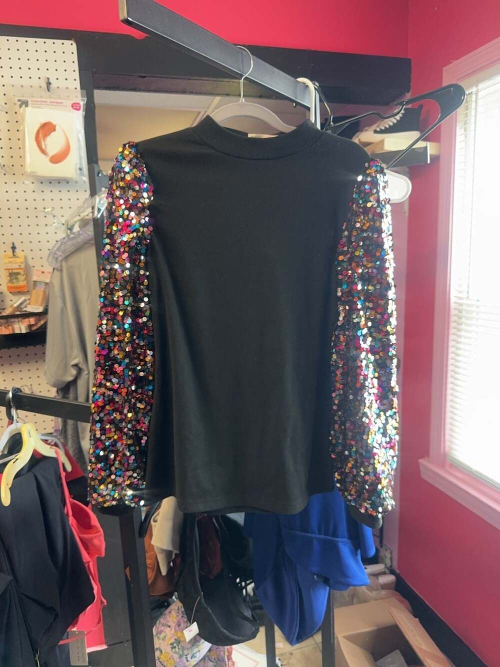 Anna-Kaci California Black Mock Neck Top with Multicolor Sequin Sleeves Size S